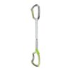 Das Bild zeigt eine Lime Set DY Expressschlinge von Climbing Technology. Die Express steht aufrecht im Bild. Oben der silberne hakenseitige Karabiner, in der Mitte die graue Expressschlinge, unten der grüne seilseitige Karabiner. Die Schnapper schauen nach links.