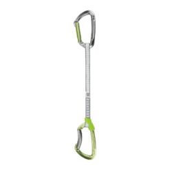 Das Bild zeigt eine Lime Set DY Expressschlinge von Climbing Technology. Die Express steht aufrecht im Bild. Oben der silberne hakenseitige Karabiner, in der Mitte die graue Expressschlinge, unten der grüne seilseitige Karabiner. Die Schnapper schauen nach links.