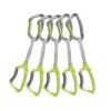 Das Bild zeigt fünf Lime Set DY Expressschlingen von Climbing Technology. Die Expressen stehen aufrecht im Bild. Oben der silberne hakenseitige Karabiner, in der Mitte die graue Expressschlinge, unten der grüne seilseitige Karabiner. Die Schnapper schauen nach links.