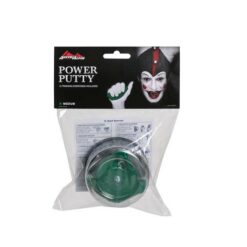 Das Bild zeigt einen grünen Power Putty Austrialpin. Die Knetmasse ist in einer Plastikdose in seiner durchsichtigen Verpackungshülle, oberhalb ist ein Label mit Produktaufschrift und Clown Logo befestigt.