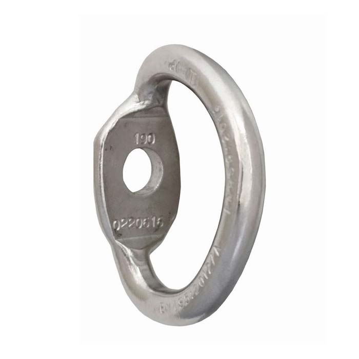 The picture shows the Raumer bolt hanger Anellox at a slight angle from the side. The product and all the details are clearly visible. It stands upright in the picture, the ring-shaped lug to the front and the bolt opening on the back.