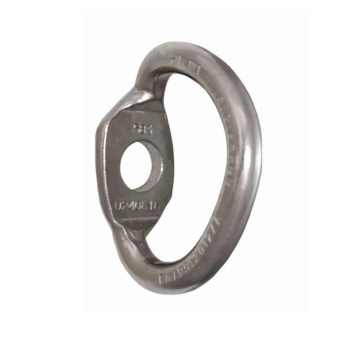 The picture shows the Raumer bolt hanger Anellox at a slight angle from the side. The product and all the details are clearly visible. It stands upright in the picture, the ring-shaped lug to the front and the bolt opening on the back.