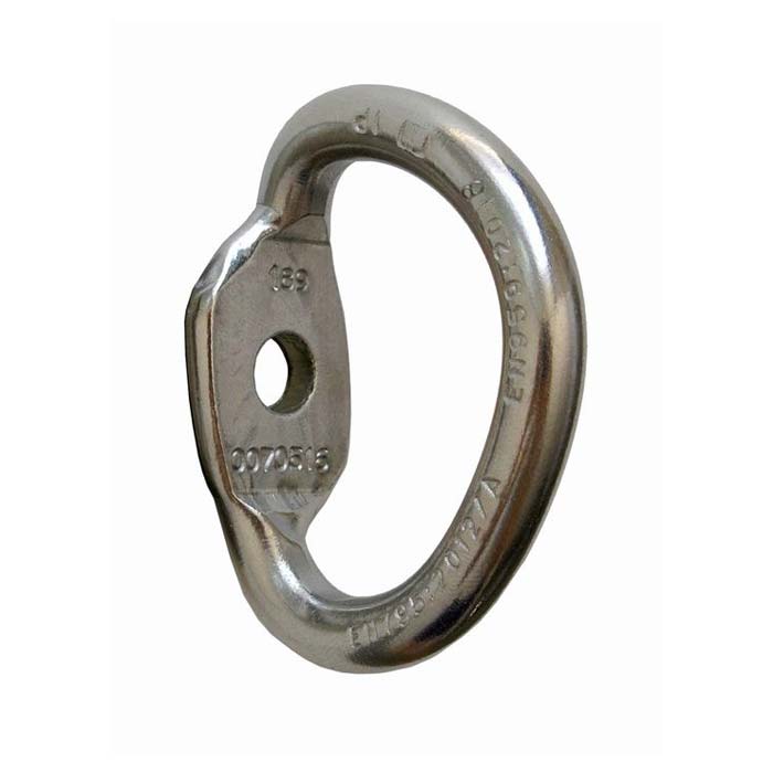 The picture shows the Raumer bolt hanger Anellox at a slight angle from the side. The product and all the details are clearly visible. It stands upright in the picture, the ring-shaped lug to the front and the bolt opening on the back.