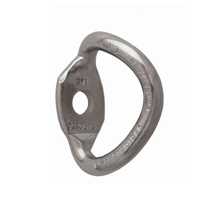 The picture shows the Raumer bolt hanger Anellox turned, at a slight angle from the side. The product and all the details are clearly visible. It stands upright in the picture, with the ring-shaped lug to the front and the bolt opening on the back.