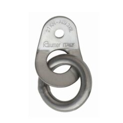 The picture shows the Raumer bolt hanger Wing with ring. The silver metal lug stands upright in a white square. The small hole for the expansion bolt at the top, the large carabiner eye with the fixed ring at the bottom.  