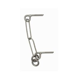 Das Bild zeigt den Raumer Kettenstand Bohrhaken mit 2 Ringen. Der silbern glänzende Abseilstand ist in Bildmitte auf einem weißem Quadrat zu sehen. Inder unteren Lasche hängen die Abseilringe.