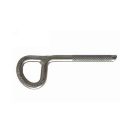 Das Bild zeigt den Raumer Klebehaken Antrax. Der Haken ist in einem weißem Quadrat in Bildmitte zu sehen. Links die Karabineröse und rechts der Karabinerschaft.