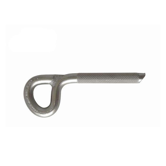 Das Bild zeigt den Raumer Masterfix Klebehaken. Der Haken ist in einem weißem Quadrat in Bildmitte zu sehen. Links die Karabineröse und links der Karabinerschaft.