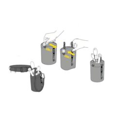 Die Grafik zeigt das Clic Clac Verschluss System von Beal anhand eines Materialbeutels. Links die Grafik wie man mit einem Click die Öffnung schließen kann. Rechts wie es wieder zu öffnen geht. Links unterhalb die Befestigung an einem Gurt. Rechts unterhalb ein Beispiel welches Werkzeug in den Beutel rein kommen kann.