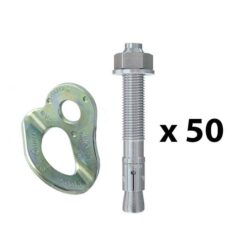 Das Bild zeigt eine Bohrhakenlasche mit einem Bohrhaken und dem x Zeichen für Mal und die Zahl 50.