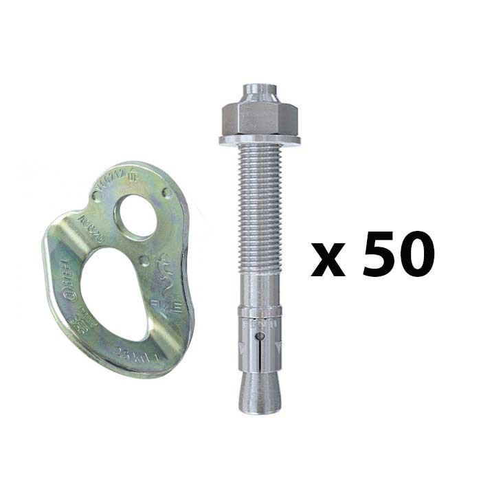 Das Bild zeigt eine Bohrhakenlasche mit einem Bohrhaken und dem x Zeichen für Mal und die Zahl 50.