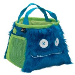 Das Bild zeigt das Boulder Chalkbag Monster Maxwell von schräg rechts. Der blaue, lustige Magnesiumbeutel hat zwei Knöpfe als Augen und einen Mund mit kleinen Zähnen sowie zwei ausgestreckte Arme.