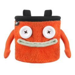 Das Bild zeigt das Chalkbag Monster Floyd von vorne. Der orange, lustige Magnesiumbeutel hat zwei Knöpfe als Augen und einen grauen Mund sowie zwei seitliche Arme.