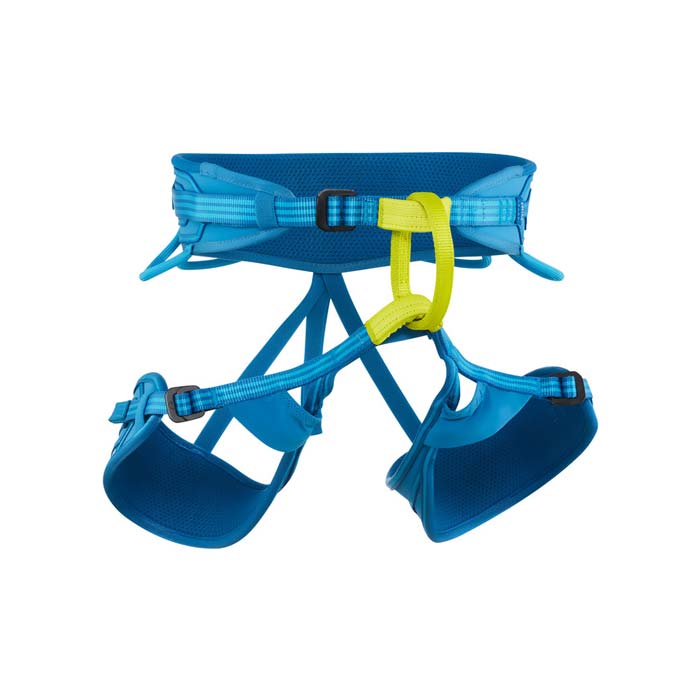 Das Bild zeigt ein Produkt zum Thema Klettergurt Herren. Auf einem weißem Quadrat ist in Bildmite ein blauer Herren Klettergurt zu sehen. Man erkennt viele Produktdetails sowie den breiten Schnitt.