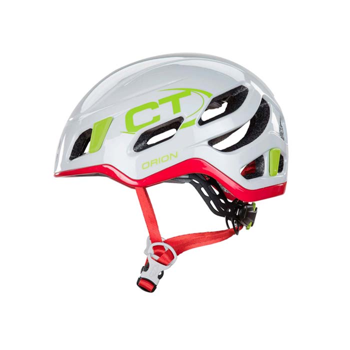 Das Bild zeigt einen weiß-pinken Kletterhelm Damen von Climbing TEchnology. Der Helm ist in Bildmitte eines weißen Quadrates zu sehen. Die Perspektive ist exakt von der Seite und man erkennt alle Produktdetails des Kletterhelms sowie den CT Schriftzug in grün.