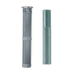 Das Bild zeigt eine Ankerhülse neben einem Innengewindeanker. Man erkennt das zusammengehörige St und versteht die VErwendung im Hohlraumziegel.