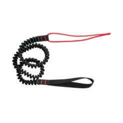 Das Bild zeigt die Stubai Eispickel Schlaufe Leash. Man erkennt den elastischen FAngarm für Eispickel und die Befestigungsmöglichkeiten an den Enden.