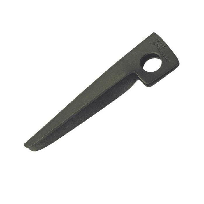 Das Bild zeigt den dunkelgrauen Stubai Profilhaken. Er liegt schräg im Bild mit der Karabineröse rechts oben. Man erkennt sein typisches V-Profil am Schaft.