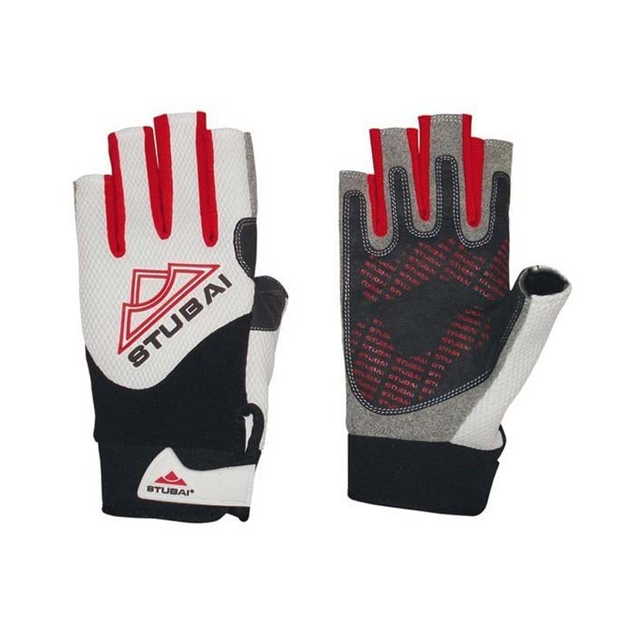 Das Bild zeigt ein Paar Stubai Klettersteighandschuhe Eternal 3/4. Die Kletterhandschuhe sind als Paar in einem weißem Quadrat abgebildet. Man sieht den linken Handschuh von der Rückseite und den rechten von der Innenseite. Es sind alle Produktdetails sehr gut zu erkennen.