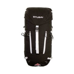 Das Bild zeigt den Stubai Rucksack Alpin 35 plus von der Vorderseite. Man erkannt alle Produktdetails wie Zipper, Kompressionsriemen und Deckeltasche.