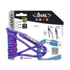 Das Bild zeigt die Beal Jammy Prusikschlinge auf der original Verpackung. Die Reepschnur ist inks auf einem KArton mit buntem Branding angebracht. Rechts die Gebrauchsanweisung und ein aufgedruckter Karabiner.