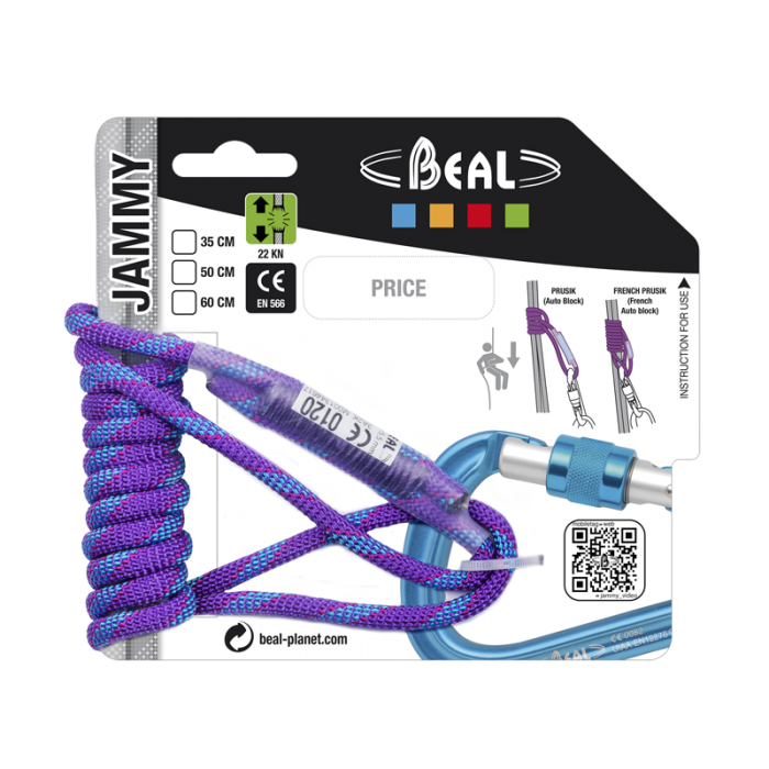 Das Bild zeigt die Beal Jammy Prusikschlinge auf der original Verpackung. Die Reepschnur ist inks auf einem KArton mit buntem Branding angebracht. Rechts die Gebrauchsanweisung und ein aufgedruckter Karabiner.