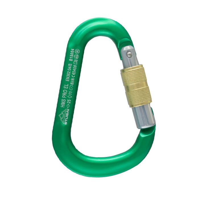 Im Bild wird ein großer HMS Schraubkarabiner in grün gezeigt. Der große Schraubkarabiner steht aufrecht in Bildmitte mit dem goldenen Gewinde nach rechts.