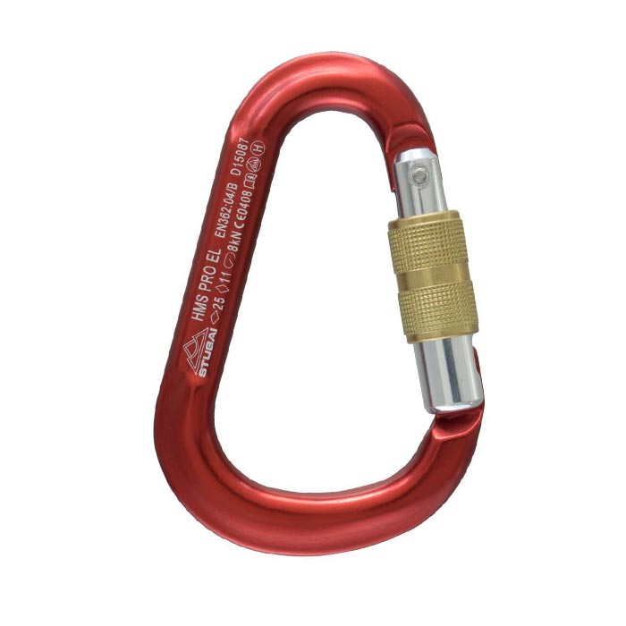 Im Bild wird ein großer HMS Schraubkarabiner in rot gezeigt. Der große Schraubkarabiner steht aufrecht in Bildmitte mit dem goldenen Gewinde nach rechts.