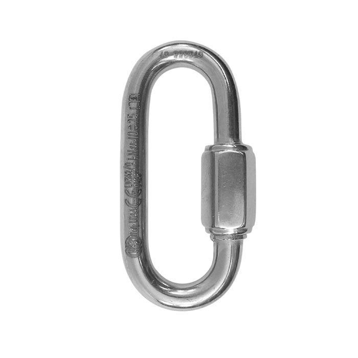 The picture shows a quick link stainless steel 10mm. It is standing upright in the center of the picture with the thread to the right.