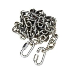 The picture shows a long-limbed steel chain for belay station refurbishment in climbing routes. The steel chain is in the center of the picture with a quick link at the end.