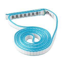 Das Bild zeigt eine Bandschlinge 180cm-11mm Dyneema von Austrialpin. Auf einem weißem Quadrat liegt die weiss-blaue Schlinge schräg im Bild zu einer Rolle zusammengerollt.