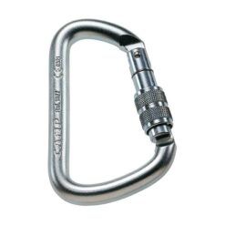 Das Bild zeigt den Camp D Pro Lock Stahlkarabiner. Der silberne Karabiner liegt aufrecht in Bildmitte mit dem Schnapper nach rechts.