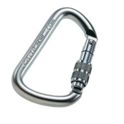 Das Bild zeigt den Camp D Pro Lock Stahlkarabiner. Der silberne Karabiner liegt aufrecht in Bildmitte mit dem Schnapper nach rechts.