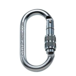 Das Bild zeigt den Camp Oval Pro Lock Stahlkarabiner. Der silberne Karabiner liegt aufrecht in Bildmitte mit dem Schnapper nach rechts.
