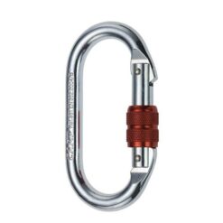 Das Bild zeigt den Camp Oval Standard Lock Stahlkarabiner. Der silberne Karabiner mit rotem Drehverschluss liegt aufrecht in Bildmitte mit dem Schnapper nach rechts.