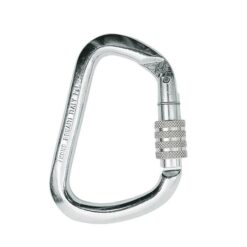 Das Bild zeigt den Kong X Large Inox Stahlkarabiner. Der silberne Karabiner liegt aufrecht in Bildmitte mit dem Schnapper nach rechts.