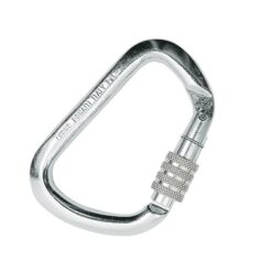 Das Bild zeigt den Kong X Large Inox Stahlkarabiner. Der silberne Karabiner liegt aufrecht in Bildmitte mit dem Schnapper nach rechts.