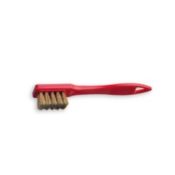 The picture shows a mini soft brass handle brush. The red brush is in the center of the picture with the golden bristles on the left. 