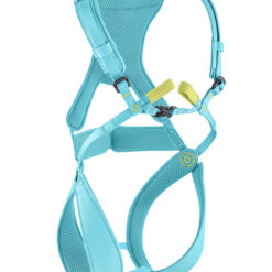 Das Bild zeigt das Edelrid Fraggle Kinder Klettergeschirr. Der türkise Klettergurt ist in Bildmitte mit all seinen Details von vorne zu sehen. Man erkennt die Beinschlaufen, das Hüftband, die Brust- bzw. Schultergürtel und die gelbe Anseilschlaufe.