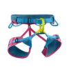 Das Bild zeigt den Edelrid Jayne Klettergurt. Der Damen Klettergurt ist ausgebreitet in Bildmitte zu sehen. Man erkennt die verstellbaren Beinschlaufen, die gelbe Anseilschlaufe und die blauen Materialschlaufen.