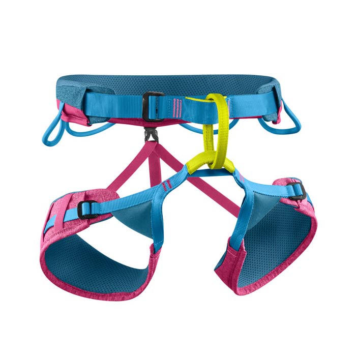 Das Bild zeigt den Edelrid Jayne Klettergurt. Der Damen Klettergurt ist ausgebreitet in Bildmitte zu sehen. Man erkennt die verstellbaren Beinschlaufen, die gelbe Anseilschlaufe und die blauen Materialschlaufen.