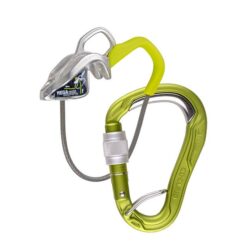 Das Bild zeigt das Edelrid MEga Jul mit dem passenden Sicherungskarabiner. Oben links das MEga Jul, rechts unterhalb der gelbe HMS Karabiner mit der silbernen Stahleinlage im Scheitel.