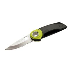 Das Bild zeigt das Edelrid Rope Tooth Einhandmesser. Das Messer mit dunklem Griff, gelber Drehachse und silberne Schneide ist in Bildmitte zu sehen. Die Klinge steht nach links unten.