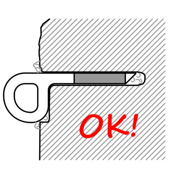 Das Bild zeigt eine Grafik zum Thema Bühlerhaken setzen. Man sieht einen richtig verarbeiteten Haken in einem Bohrloch stecken.