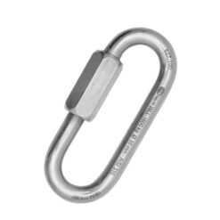 Das Bild zeigt das Kong Rapidglied lang 12mm. Das silberne Schraubglied steht schräg in Bildmitte mit dem Schraubverschluss links.