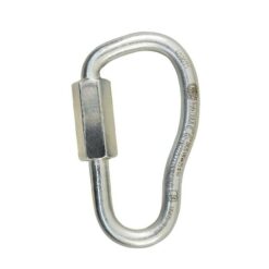 Das Bild ein Quick Link Asymmetric 7mm. Das silberne Schraubglied steht aufrecht im Bild. MAn erkennt seine Birnenform und den Drehverschluss.