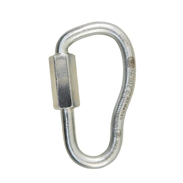 Das Bild ein Quick Link Asymmetric 7mm. Das silberne Schraubglied steht aufrecht im Bild. MAn erkennt seine Birnenform und den Drehverschluss.