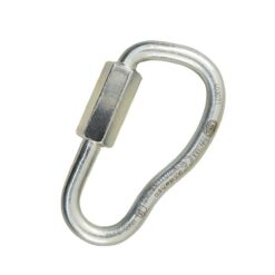 Das Bild ein Quick Link Asymmetric 7mm. Das silberne Schraubglied steht aufrecht im Bild. MAn erkennt seine Birnenform und den Drehverschluss.