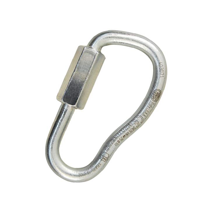 Das Bild ein Quick Link Asymmetric 7mm. Das silberne Schraubglied steht aufrecht im Bild. MAn erkennt seine Birnenform und den Drehverschluss.