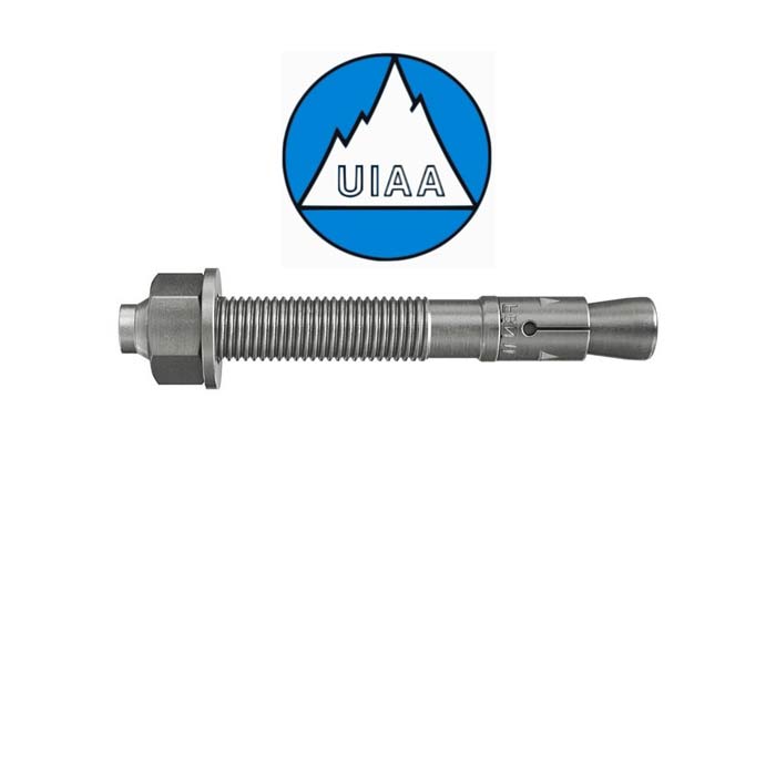 Das Bild zeigt symbolisch das Thema des Einbohr Blog Beitrags zur Bohrhaken Norm. Einen silbernen Bohrhaken mit einem kleinen, blauen UIAA Logo.